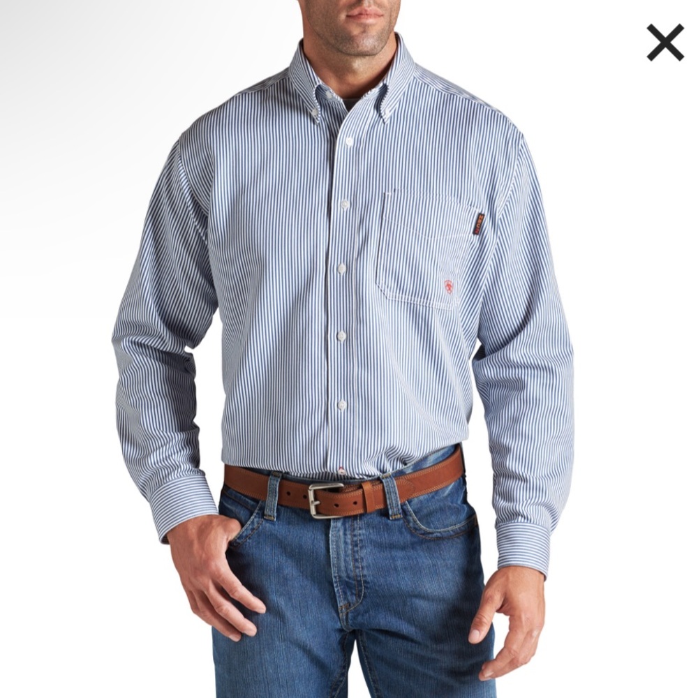 ARIAT FR flame retardant Black White & Blue Work Shirt Cotton Medium Stained